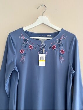 NWT CUPIO Women’s Medium Colony Blue Embroidered Floral Tunic Lightweight Blouse